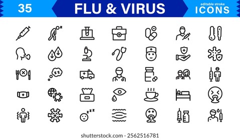 Customizable Flu and  Virus Icons. Scalable Line Art Designs for Medical, Education, and Public Health Projects