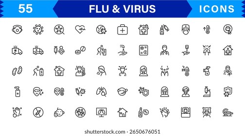 Ícones personalizáveis de vírus e gripe. Projetos de arte de linha escalável para projetos médicos, educacionais e de saúde pública