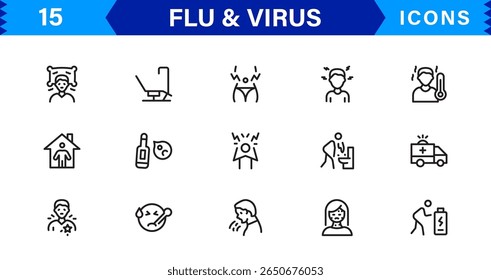Ícones personalizáveis de vírus e gripe. Projetos de arte de linha escalável para projetos médicos, educacionais e de saúde pública