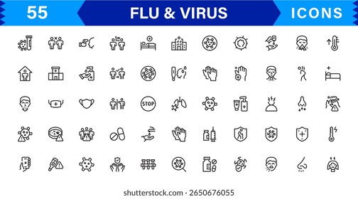 Ícones personalizáveis de vírus e gripe. Projetos de arte de linha escalável para projetos médicos, educacionais e de saúde pública
