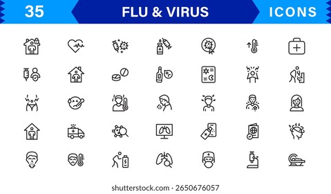 Ícones personalizáveis de vírus e gripe. Projetos de arte de linha escalável para projetos médicos, educacionais e de saúde pública