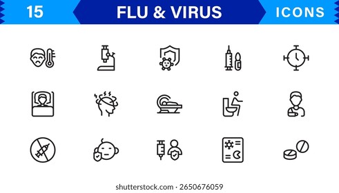 Ícones personalizáveis de vírus e gripe. Projetos de arte de linha escalável para projetos médicos, educacionais e de saúde pública
