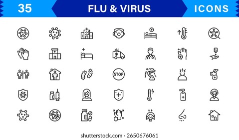 Ícones personalizáveis de vírus e gripe. Projetos de arte de linha escalável para projetos médicos, educacionais e de saúde pública