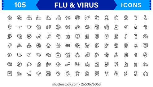 Ícones personalizáveis de vírus e gripe. Projetos de arte de linha escalável para projetos médicos, educacionais e de saúde pública