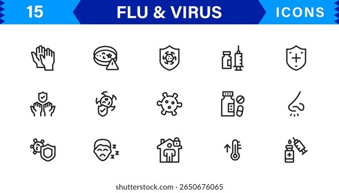 Ícones personalizáveis de vírus e gripe. Projetos de arte de linha escalável para projetos médicos, educacionais e de saúde pública