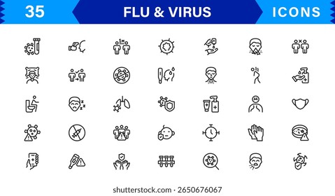 Ícones personalizáveis de vírus e gripe. Projetos de arte de linha escalável para projetos médicos, educacionais e de saúde pública
