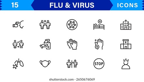 Ícones personalizáveis de vírus e gripe. Projetos de arte de linha escalável para projetos médicos, educacionais e de saúde pública