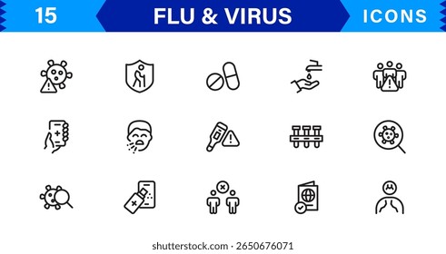 Ícones personalizáveis de vírus e gripe. Projetos de arte de linha escalável para projetos médicos, educacionais e de saúde pública