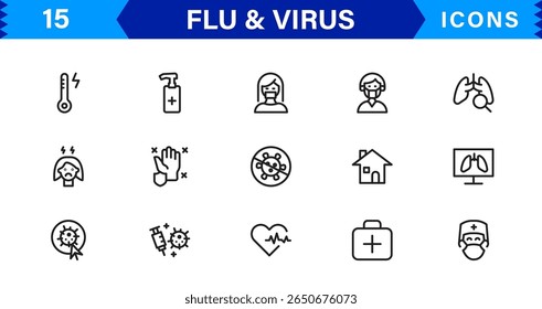 Ícones personalizáveis de vírus e gripe. Projetos de arte de linha escalável para projetos médicos, educacionais e de saúde pública
