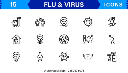 Ícones personalizáveis de vírus e gripe. Projetos de arte de linha escalável para projetos médicos, educacionais e de saúde pública