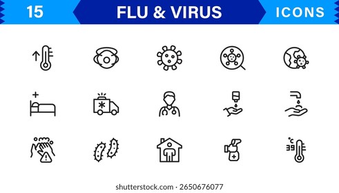 Ícones personalizáveis de vírus e gripe. Projetos de arte de linha escalável para projetos médicos, educacionais e de saúde pública