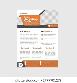 A customizable flyer template for a digital marketing agency with sections for about us, services, and contact information.