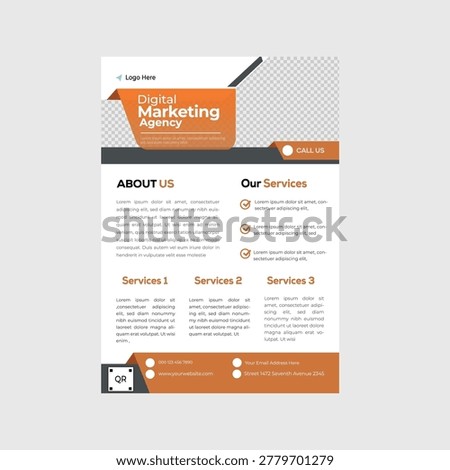A customizable flyer template for a digital marketing agency with sections for about us, services, and contact information.