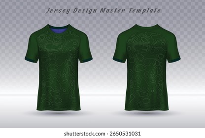 Modelo de camisa verde floresta personalizável com detalhamento topográfico, perfeito para uniformes de equipe, marca atlética e design de vestuário de esportes.