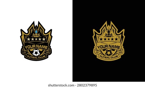 Customizable Futsal Club Emblem Featuring A Golden Crown Shield And Ball Design For Professional Soccer Team Branding And Sports Identity