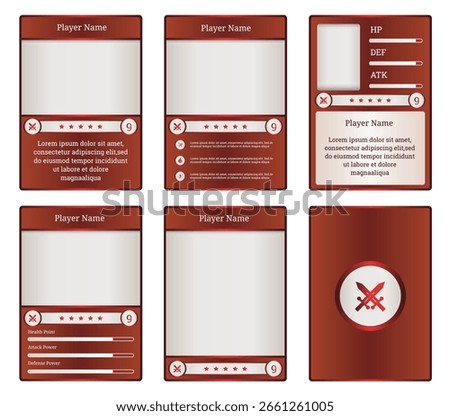 Customizable game card templates featuring red and white design. Perfect for fantasy RPGs and collectible trading card games, with adaptable UI elements for player stats