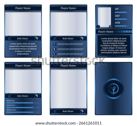 Customizable game card templates featuring a gradient blue design. Perfect for fantasy RPGs and collectible trading card games, with adaptable UI elements for player stats