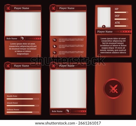 Customizable game card templates featuring red design. Perfect for fantasy RPGs and collectible trading card games, with adaptable UI elements for player stats