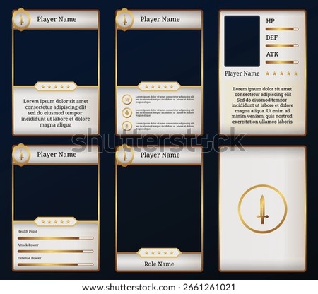 Customizable game card templates featuring gold and white design. Perfect for fantasy RPGs and collectible trading card games, with adaptable UI elements for player stats