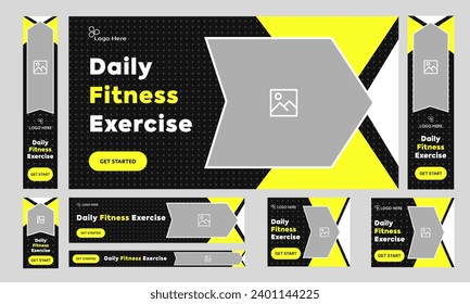 Customizable geometric web set banner design for social media post, fitness exercise web banner design, workout banner design, vector eps 10 file format