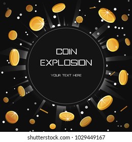 Customizable golden coin light space explosion eclipse template. Flying shining money coins lence flare burst print design template for commercial, event, celebration.