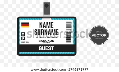 Customizable guest badge template with a modern design and vibrant colors.