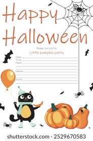 Customizable Halloween invitation card featuring autumn and Halloween motifs, Black cat, pumpkins, spiders and bats