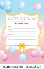 Cartão de convite personalizável feliz aniversário, pastel macio A4 ilustração vetor com um monte de balões de ar rosa e azul e em branco para informações pessoais