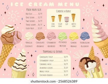 Customizable Ice Cream Menu for cafes and restaurants. Vector.