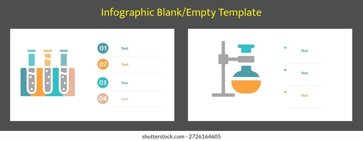 Customizable infographic layouts with test tubes in a rack and a flask setup for scientific processes.