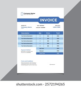 Customizable invoice template for easy, professional billing. Perfect for businesses of all sizes, with space for your details, logo, and payment terms.