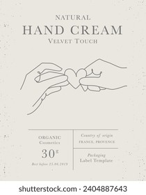 Customizable label of Hand Cream, Natural Velvet Touch woman cosmetics with hands line art. Modern packaging design collection for Pharmacy, healthy care. Vector illustration