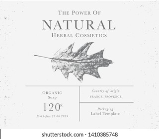 Customizable label of Natural organic herbal products. Red oak, vintage packaging design templates for Cosmetics, Pharmacy, healthy food. Dried leaves, real herbarium