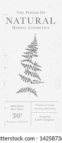 Customizable label of Natural organic herbal products. Fern vintage packaging design templates for Cosmetics, Pharmacy, healthy food. Dried leaves, real herbarium