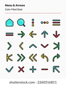 Customizable menu and arrow icons for navigation, pointer, ornament, or buttons on apps and websites interface, presentations, wayfinding, signage, layout, graphic design, etc