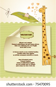 customizable new baby card with pea bean and giraffe