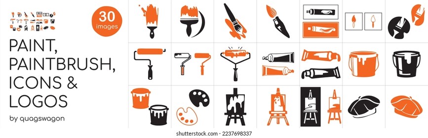 Customizable, Paint, Paintbrush, Paint Roller, Bucket, Palette, Easel, Icons and Logos, Vector Illustration, 30 Set, Orange and Black Designs. Perfect for Infographic, Powerpoint, and Presentations