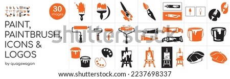 Customizable, Paint, Paintbrush, Paint Roller, Bucket, Palette, Easel, Icons and Logos, Vector Illustration, 30 Set, Orange and Black Designs. Perfect for Infographic, Powerpoint, and Presentations