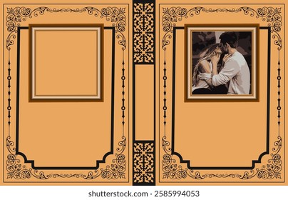 Customizable photo album cover with ornate frame and romantic couple embracing, perfect for wedding or anniversary memories . Hand drawn Illustration