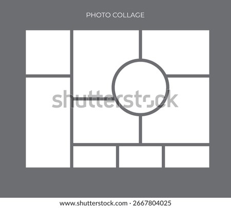 A customizable photo collage template with multiple rectangular and one circular frame for arranging pictures.