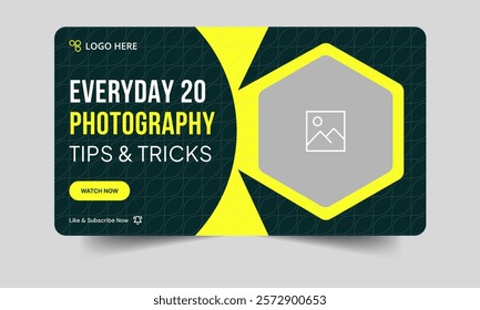 Customizable photography tips and tricks video thumbnail banner design, daily photography techniques video cover banner design, fully customizable vector eps 10 file format