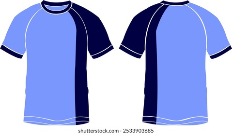 tipo de camisa raglan personalizável, combinação de azul-marinho e azul-céu, com design vertical na parte de trás e na frente