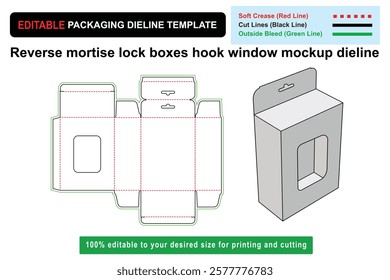 Customizable Reverse Mortise Lock Boxes Hook Window Mockup Dieline for Secure Packaging Solutions, Hook Boxes, Window Mockup, Dieline Design, Product Packaging, customizable box, Custom box dieline