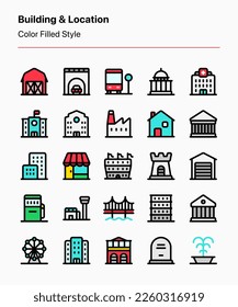 Customizable set of building and location icons consisting of common public places and locations in the city. Perfect for maps, user interface, advertising, graphic design, business, etc