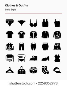 Customizable set of clothes and outfits icons covering different kinds of clothes and accessories. Perfect for businesses, stores, marketplaces, product catalogs, ads and marketing, presentations, etc