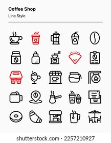 Individuell anpassbare Set von Coffee Shop-Icons im Linienstil bestehend aus Getränken, Lebensmitteln und Braugeräten. Perfekt für Coffee Shop-Geschäfte, Produkte, Werbung, Marketing, App, Website, Katalogmenü usw.