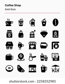 Customizable set of coffee shop icons consisting of beverages, food, and brewing equipment. Perfect for coffee shop business, products, ads, marketing, app, website, catalog menu, etc