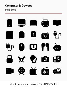 Customizable set of computer and device icons covering different kinds of computers, devices, gadgets, and accessories. Perfect for apps and websites interfaces, marketplaces, product catalogs, etc