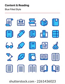 Customizable set of content and literature icons covering reading and writing elements. Perfect for apps, websites, blogs, libraries, e-readers, stores, businesses, publications, etc