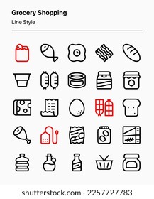 Customizable set of grocery icons covering foods, ingredients, and elements of grocery shopping. Perfect for apps, websites, stores, products, marketing, marketplaces, catalogs, recipes, etc